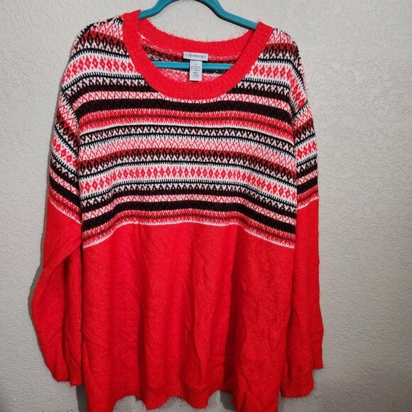 Catherines Sweater Womens 3X Red Fair Isle Crewneck Pullover Plus Size Knit - Picture 1 of 15